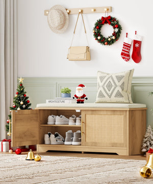 Rattan Shoe Storage Bench with Cushion & Adjustable Shelf