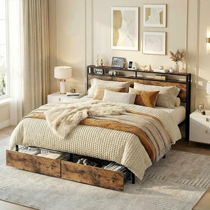 King Bed Frame with Storage Headboard, 2 Drawers & Charging Station