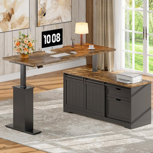 L-Shaped Electric Standing Desk with Storage Cabinet & File Drawer