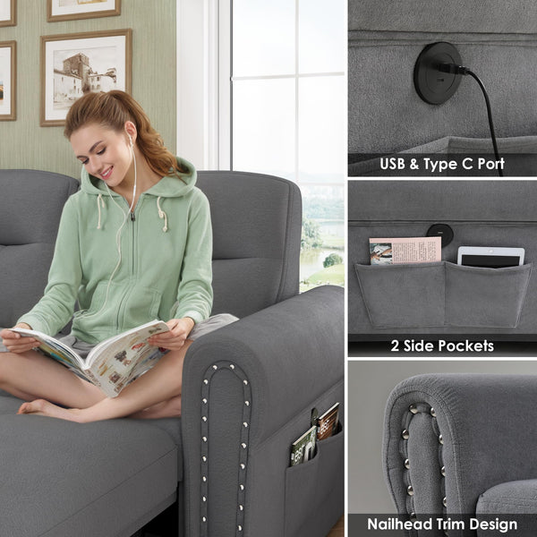87" Sectional Sleeper Sofa with Storage Chaise & USB Charging