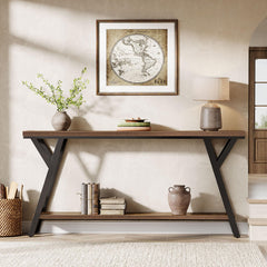 70.9" Narrow Industrial Console Table with 2-Tier Shelf