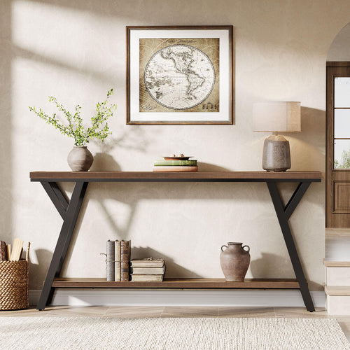 70.9" Narrow Industrial Console Table with 2-Tier Shelf