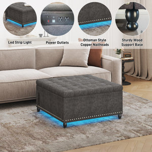 Square Storage Ottoman with LED Lights & Outlets