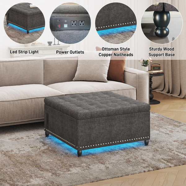 Square Storage Ottoman with LED Lights & Outlets