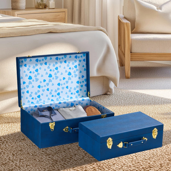 Decorative Storage Trunk Set of 2 with Handles – Shagreen Faux Leather Chest Boxes