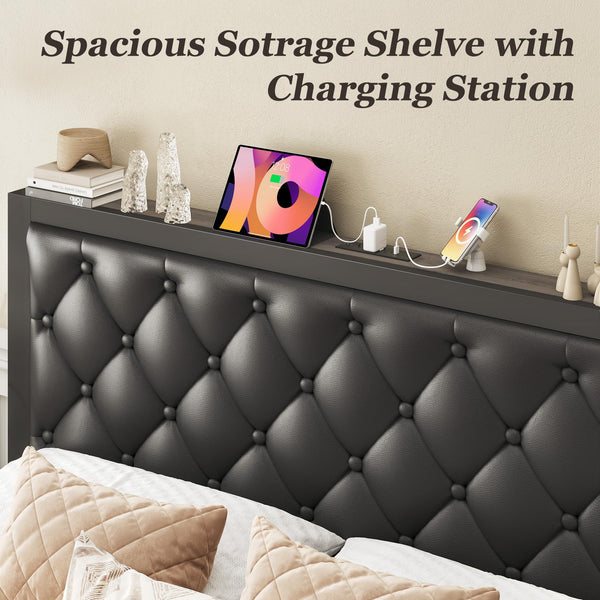 Metal Bed Frame with Storage Drawers & Charging Station