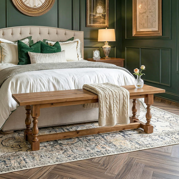 Rustic Solid Wood Entryway Bench – 59.1" Farmhouse Seat with Turned Legs
