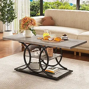 Rustic 3-Tier Coffee Table with Storage & Metal Frame