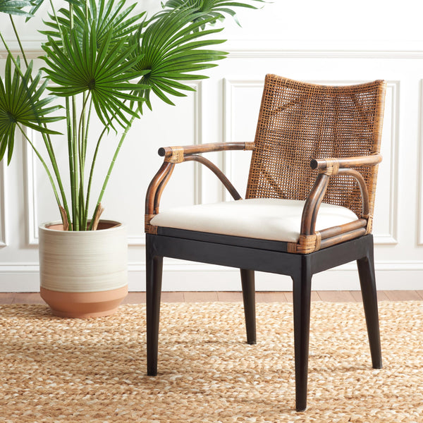 Solid Wood Rattan Arm Chair with Cotton Cushion