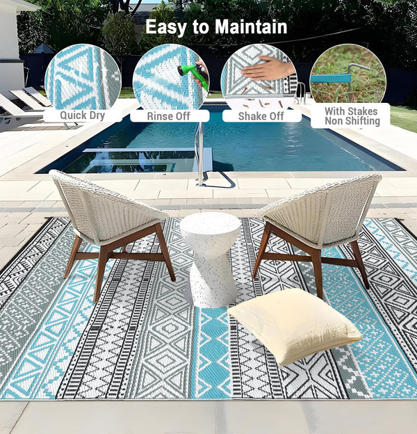 Outdoor Waterproof Reversible Patio Rug 10x14 – Polypropylene, Bohemian Blue/Grey