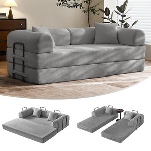 SAVENICA 79" Convertible Floor Sofa Bed, 5-in-1 Modular Sleeper with Removable Parts, No Assembly Corduroy Futon from Sofa to Oversized Bed, Non-Slip Base for Living Room, Dorm (Light Gray)