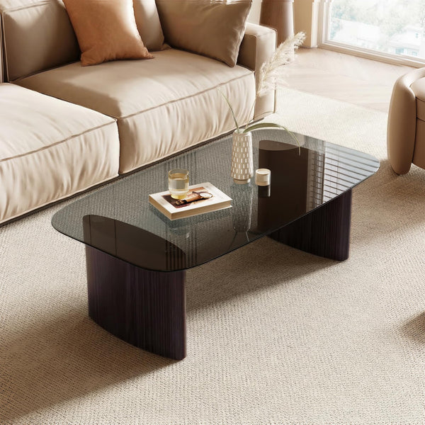 Modern Glass Coffee Table with Wooden Base