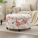 Round Storage Ottoman with Button Tufted Lid – 30 Inch Upholstered Footrest