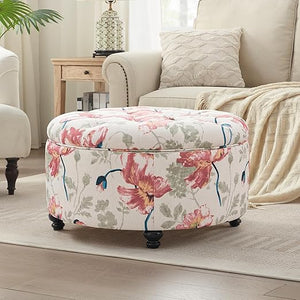 Round Storage Ottoman with Button Tufted Lid – 30 Inch Upholstered Footrest