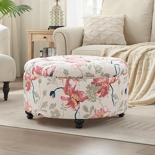 Round Storage Ottoman with Button Tufted Lid – 30 Inch Upholstered Footrest
