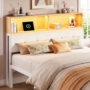 Queen Upholstered Headboard with Storage, LED Light & Charging Station