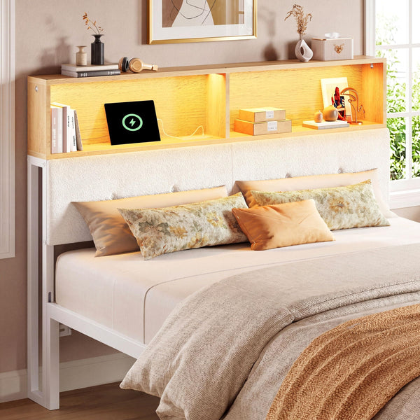 Queen Upholstered Headboard with Storage, LED Light & Charging Station