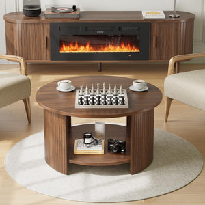 Round Coffee Table with Storage – Fluted 2-Tier Wood Design