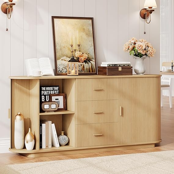63" Fluted Sideboard Buffet Cabinet with 3 Drawers & 2 Doors