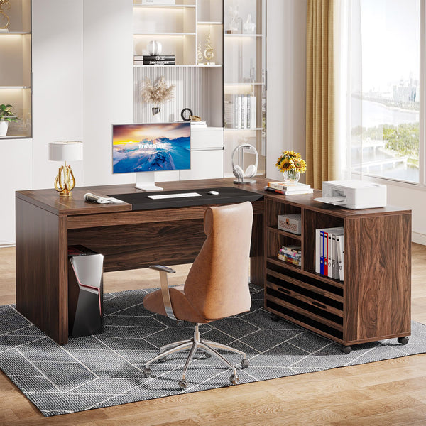 L-Shaped Executive Desk with Mobile File Cabinet and Storage Shelves