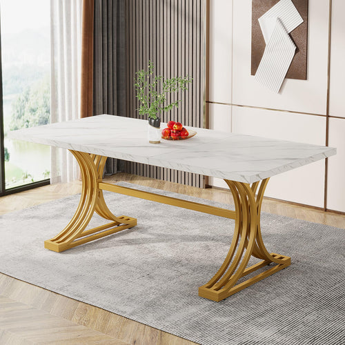 63-Inch Rectangular Dining Table with Faux Marble Top & Metal Legs