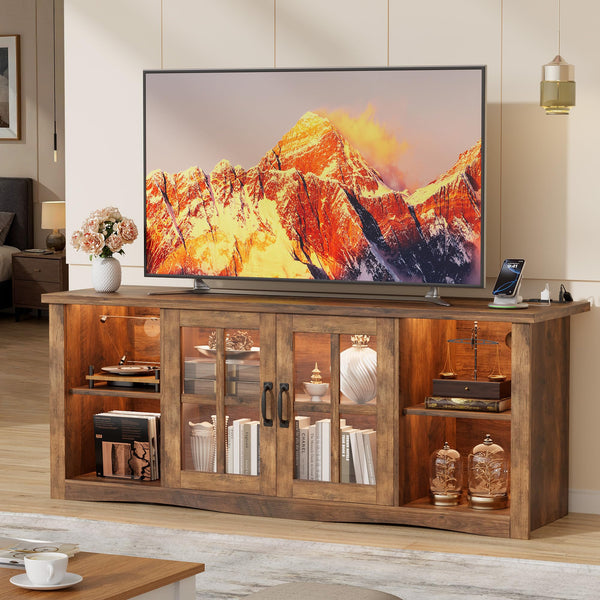 Farmhouse TV Stand 58 Inch with Glass Doors, LED Lights & USB Charging
