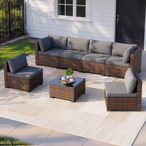 7-Piece Outdoor Sectional Sofa Set with Cushions & Glass Coffee Table