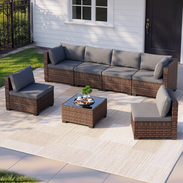 7-Piece Outdoor Sectional Sofa Set with Cushions & Glass Coffee Table