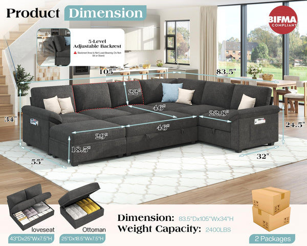 U-Shaped Sectional Sleeper Sofa with Pull-Out Bed