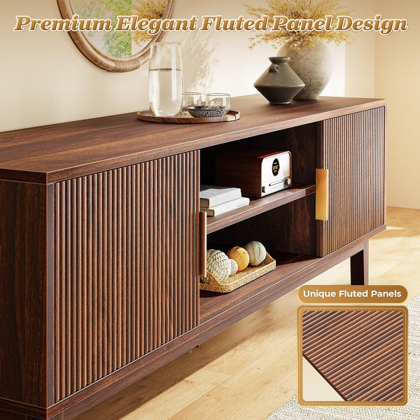 PRAISUN 54 Inch TV Stand for 55, 60 Inch TV, Fluted Entertainment Center with 2 Cabinets, TV Consoles for Living Room, 3-Level Adjustable Shelf, 4 Cable Holes, Meida Console, Walnut