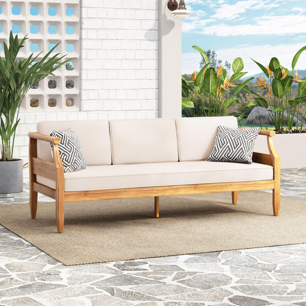 Outdoor 3-Seater Acacia Wood Sofa with Water-Resistant Cushions