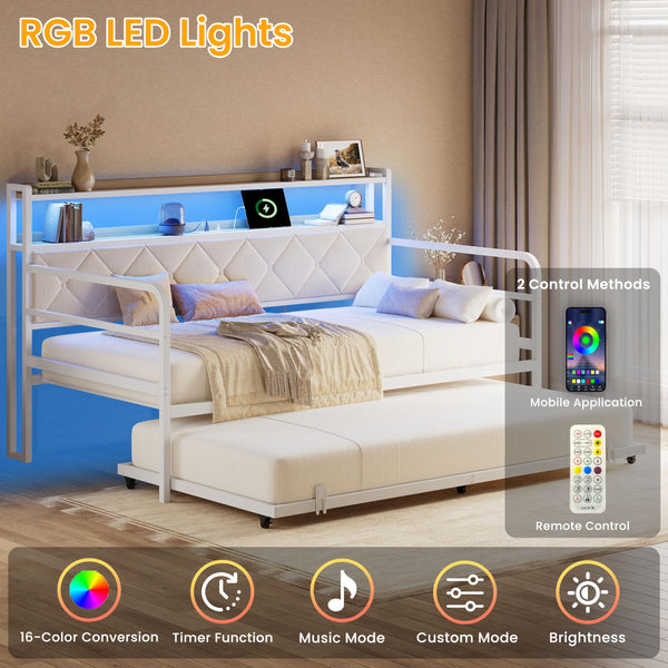 Twin Daybed with Trundle, LED Lights & Charging Station