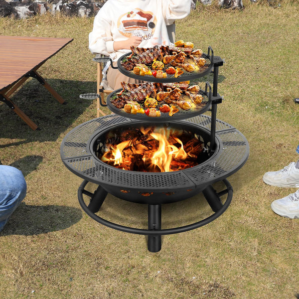35 Inch Outdoor Wood Burning Fire Pit with Cooking Grate & Cover Lid