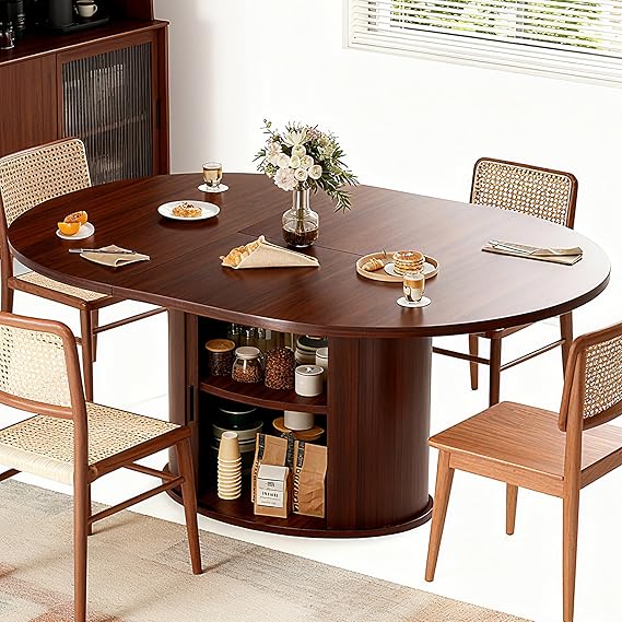 63 Inch Extendable Round Dining Table with 2-Tier Storage Shelf