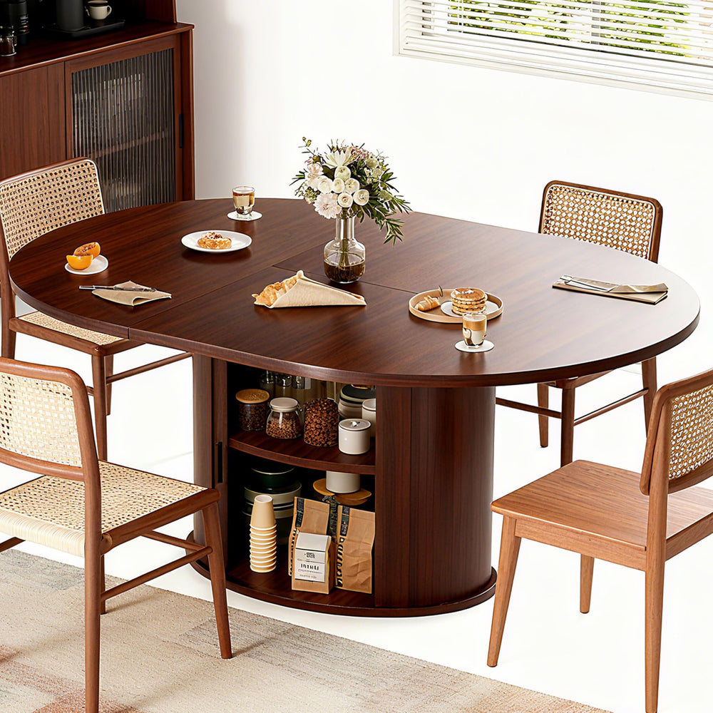 63 Inch Extendable Round Dining Table with 2-Tier Storage Shelf for 2-4-6
