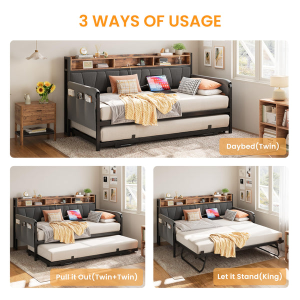 Twin Daybed with Trundle, Storage Headboard & Charging Station