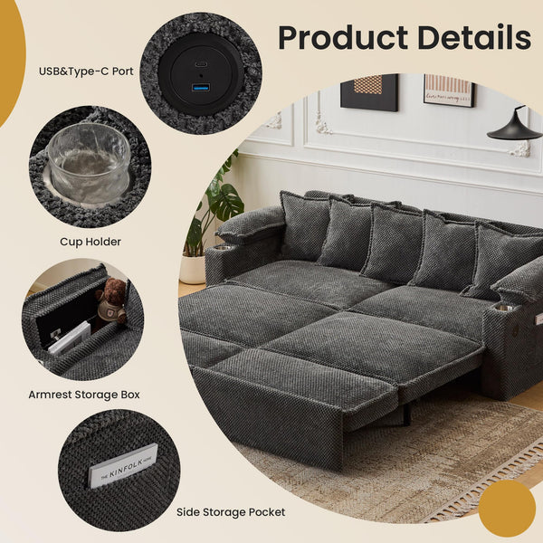 King Size Pull Out Sofa Bed – 3-in-1 Convertible Sleeper with USB & Storage