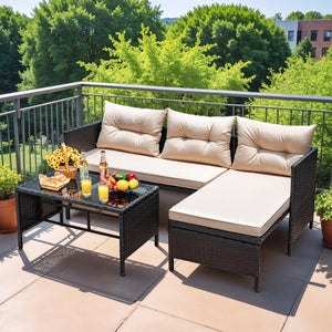 3-Piece L-Shaped Outdoor Rattan Sectional Sofa Set with Glass Table