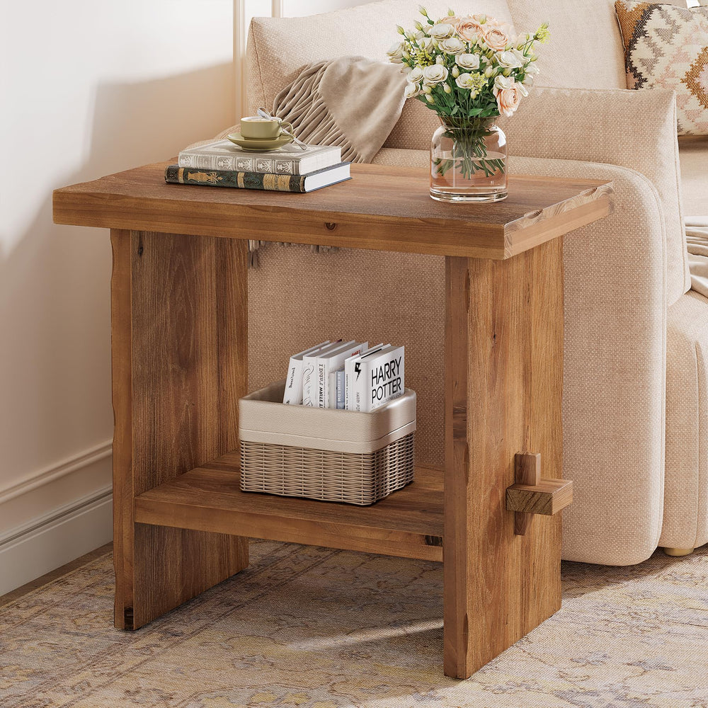 2-Tier Solid Wood End Table with Open Shelves