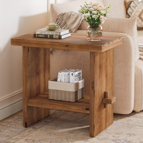2-Tier Solid Wood End Table with Open Shelves