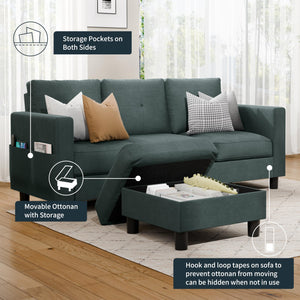 L-Shaped Sectional Sofa with Storage Ottoman | 3-Seat Linen Couch