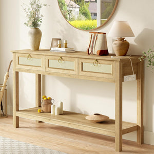 Rattan Console Table with Charging Station & 3 Drawers