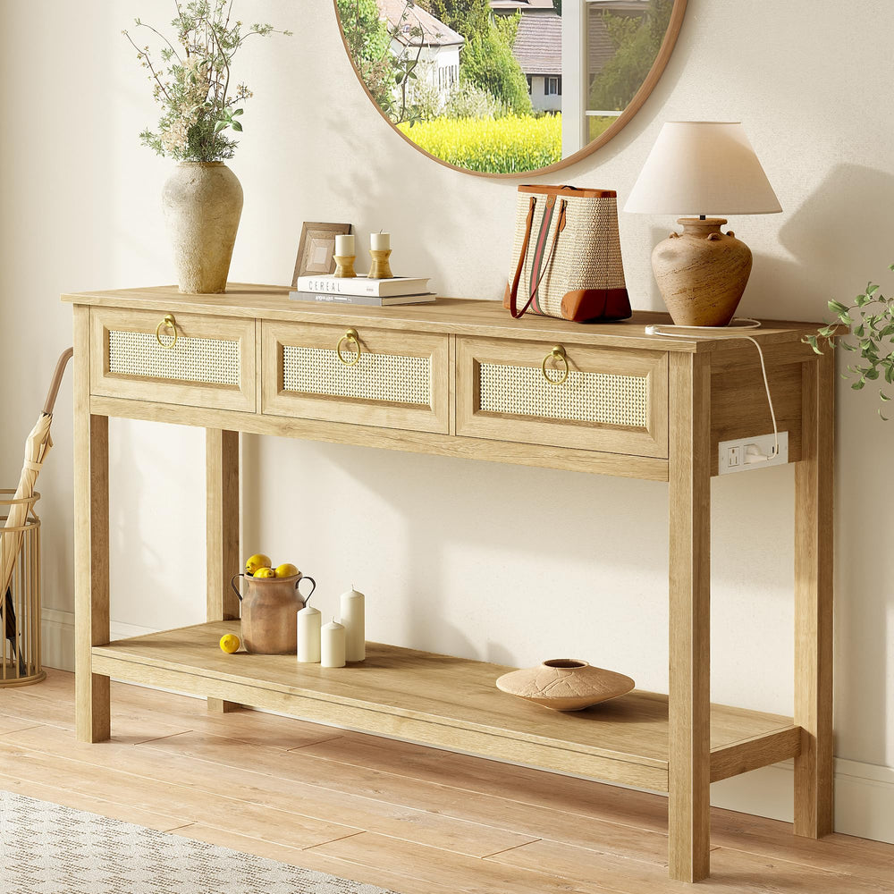 Rattan Console Table with Charging Station & 3 Drawers