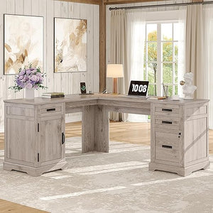 L-Shaped Executive Desk with Drawers, Storage Cabinet & Power Outlet