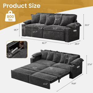 King Size Pull Out Sofa Bed – 3-in-1 Convertible Sleeper with USB & Storage