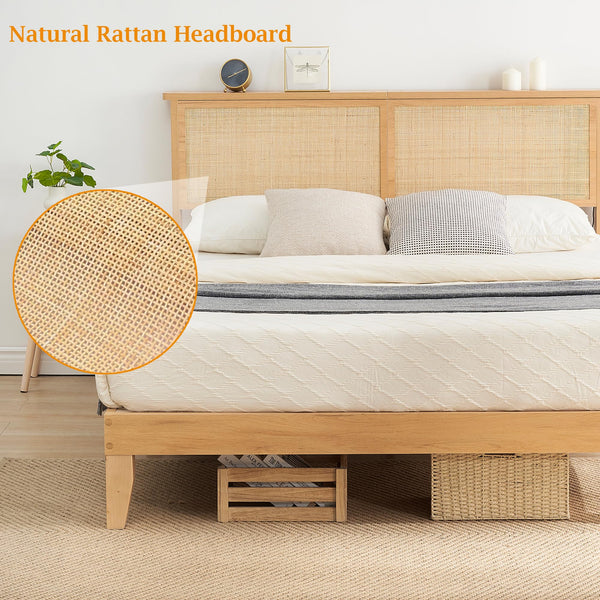 Rattan Platform Bed Frame with LED Lights & Storage