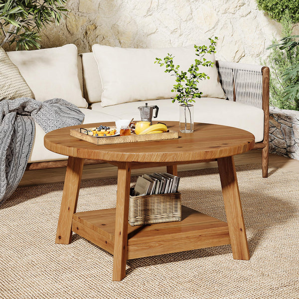 Round Solid Wood Coffee Table with Storage Shelf