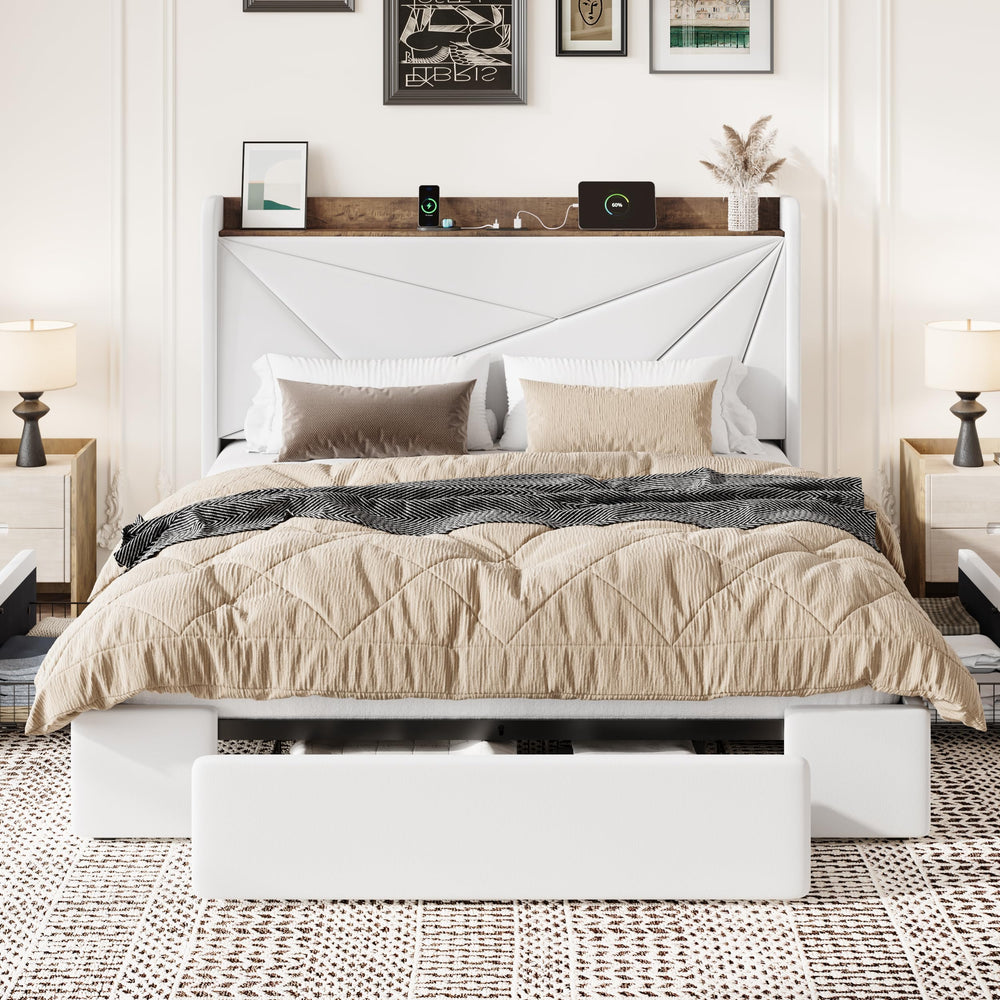 Velvet Storage Bed Frame with Charging Ports