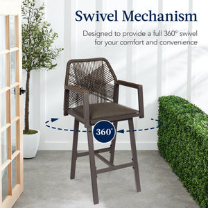 Outdoor Bar Stools Set of 2 – 360° Swivel, Aluminum Frame, Woven Rope, Armrests