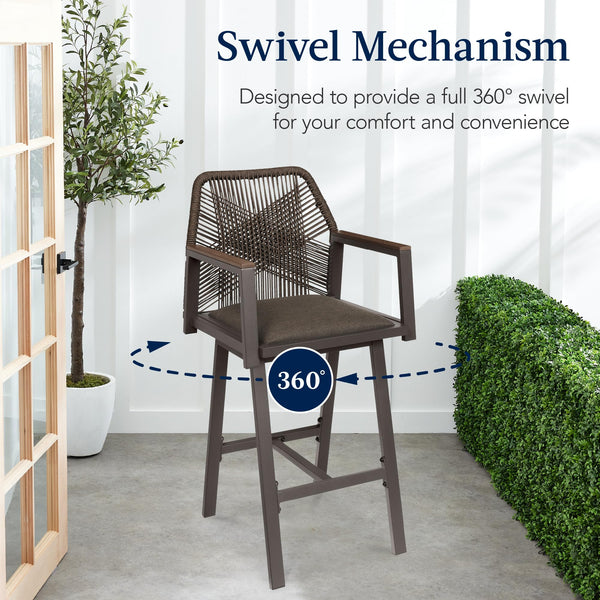 Outdoor Bar Stools Set of 2 – 360° Swivel, Aluminum Frame, Woven Rope, Armrests